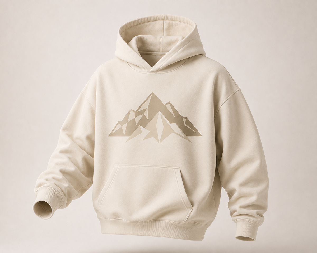 KARLERS Ascent Hoodie in bone, front view with faceted mountain graphic