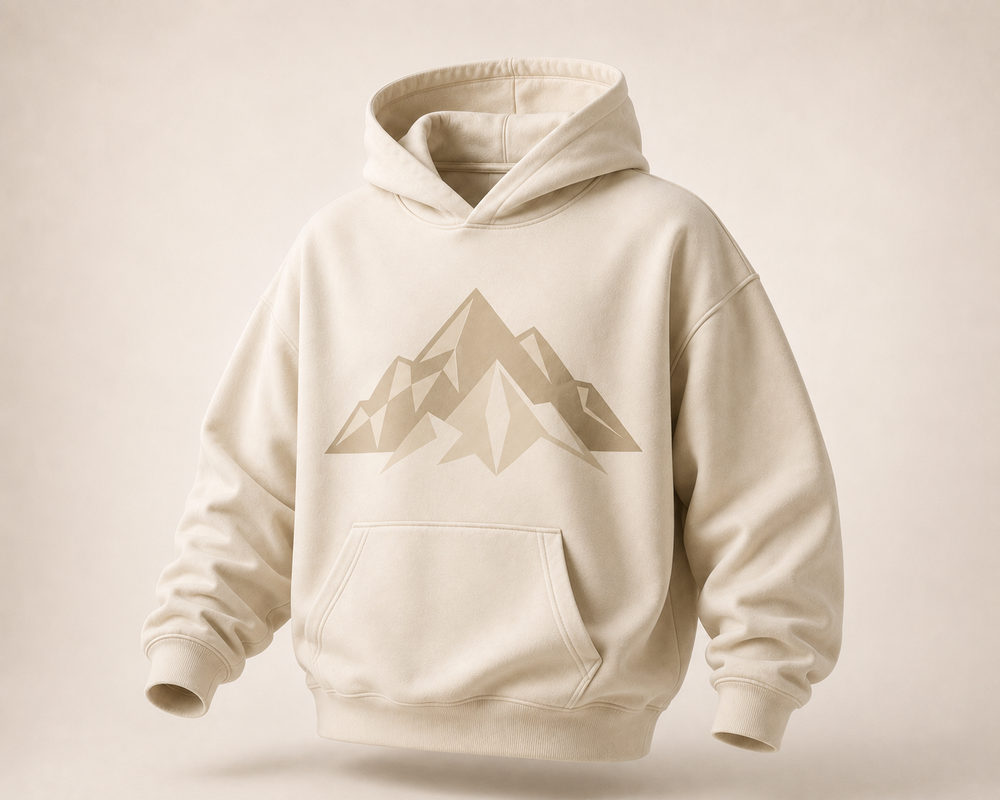 KARLERS Ascent Hoodie in bone with a tonal sand mountain print across the chest