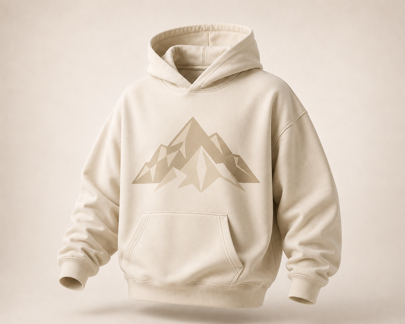 KARLERS Ascent Hoodie in bone with a tonal sand mountain print across the chest