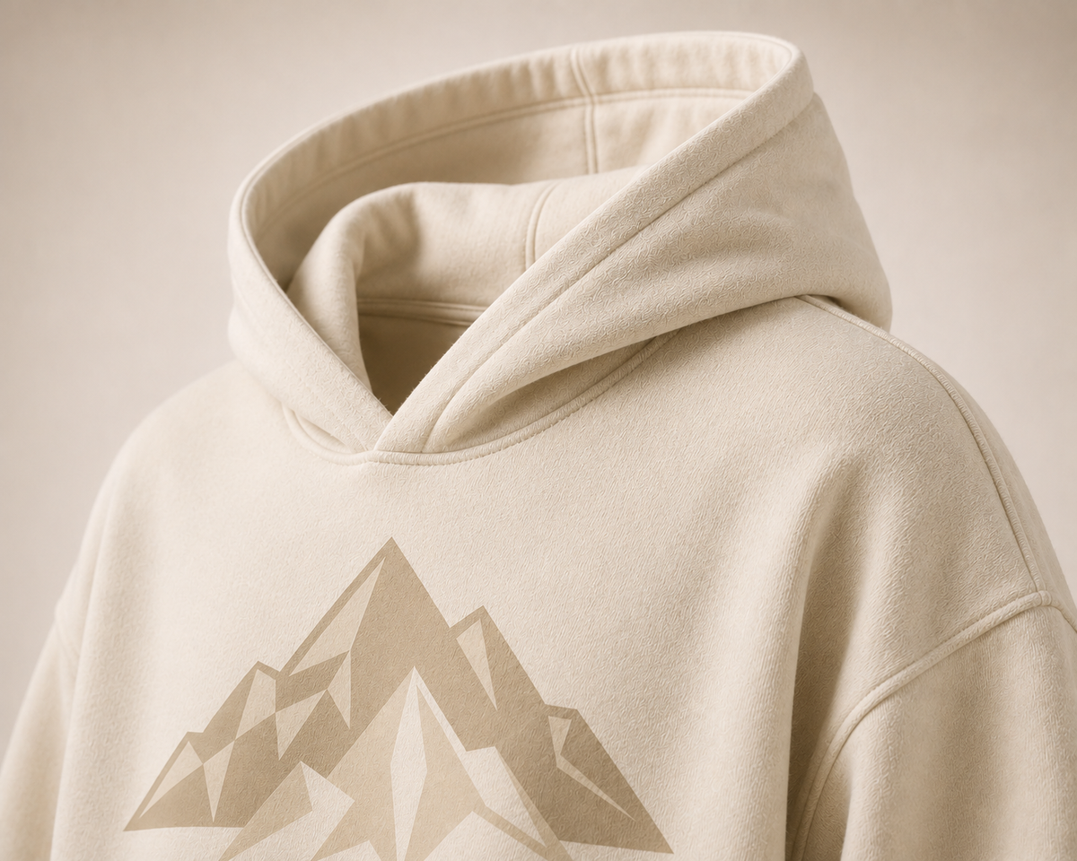 Detail of the double-layer hood on the KARLERS Ascent Hoodie in bone