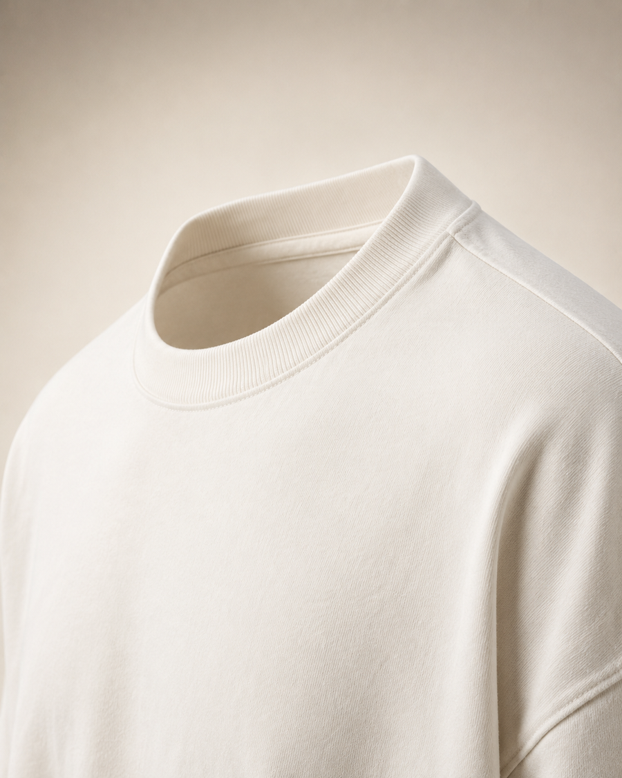 Detail of the ribbed crew neck and shoulder taping on the bone cotton tee