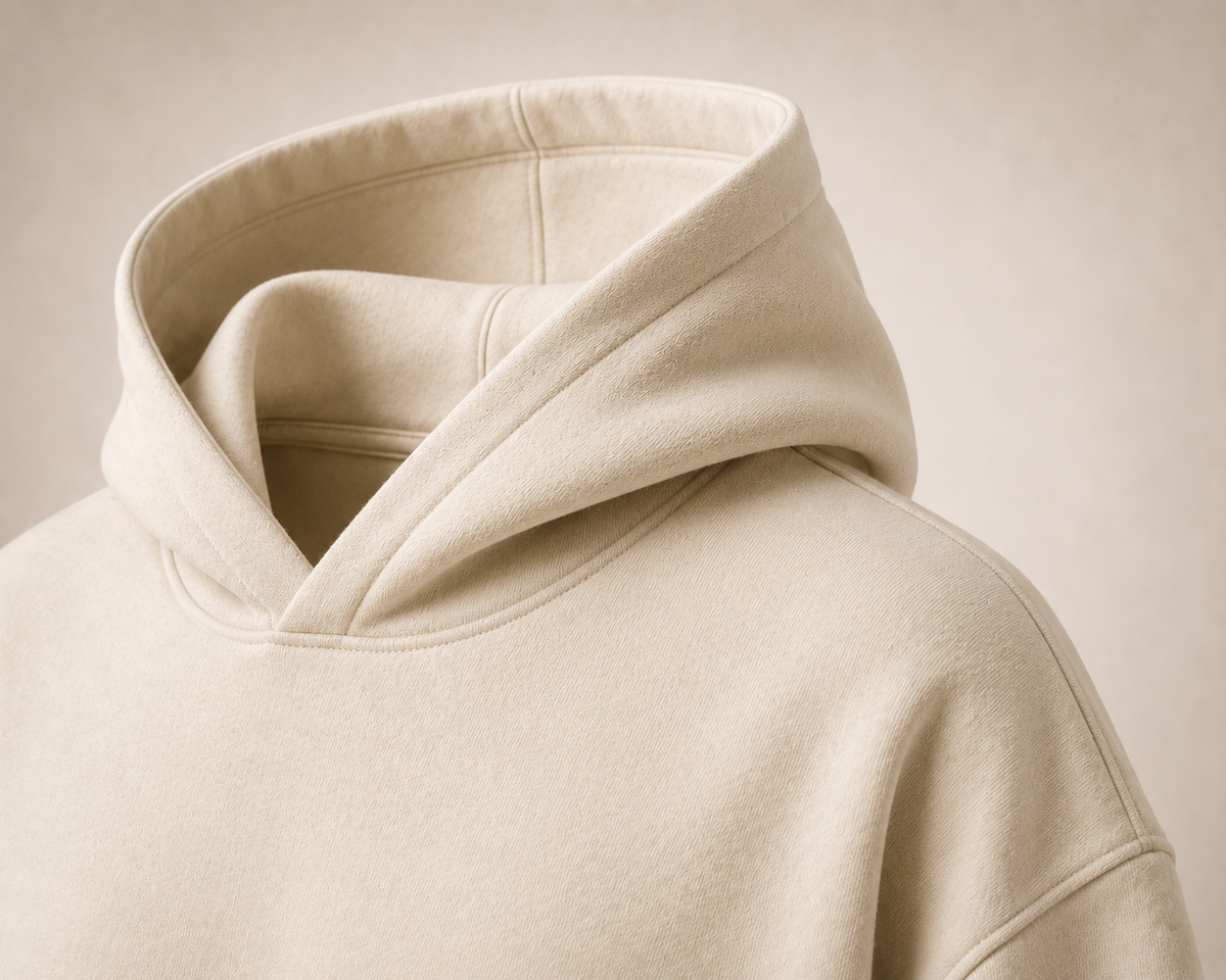 Close detail of the hood and shoulder seam on bone cotton fleece